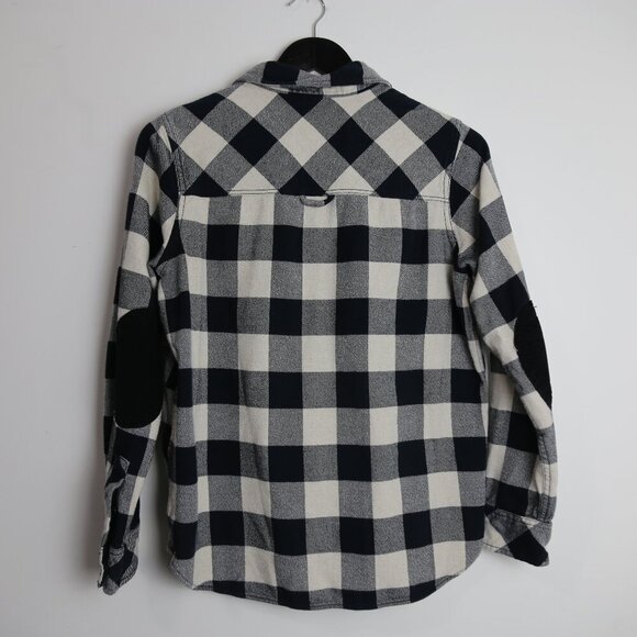 Roots Mens Plaid Elbow Patch Flannel Long Sleeve Shirt Size Small Cream Black - Picture 5 of 9
